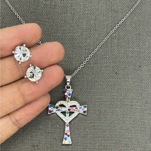 Silver plated cross pendant necklace with studs